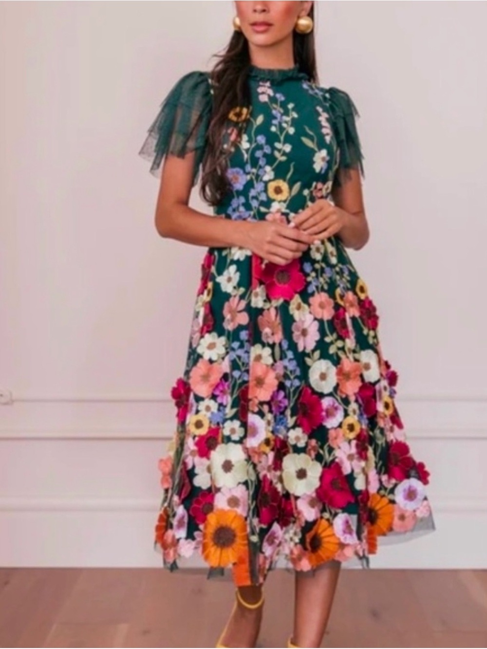 NWT Jessakae Jubile Floral Garden Green Tulle Sleeve Dress